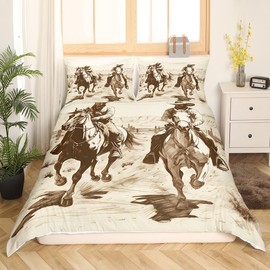 Feelyou Wild West Cowboy Bedding Set for Kids Boys Girls Western Decor Comforter Cover Set Queen Size Vintage Duvet Cover Bedroom Decor Rodeo Cowboy Style Bedspread Cover Bedding Collection 3Pcs