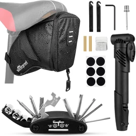WOTOW Bolsa para Bicicleta con Kit de Herramientas, Bolsa Reflectante Impermeable Portátil con Kit Herramientas Reparación Mini Bomba para Bicicleta Carretera Montaña MTB (16 Pzs, Bolsa para Asiento)