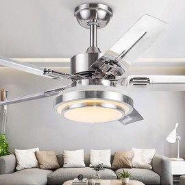MORE CHANGE Modern Indoor Ceiling Fan with Light Remote Control, 48” Brushed Nickel Ceiling Fans LED Light Kit Include Reversible Blades for Living Dining Room (5-Blade)