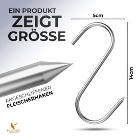 XXL Butcher Hooks, Stainless Steel, Butcher Quality, 140 mm, Pack of 5, Robust and Durable Butcher Hooks, Stainless Steel Hooks are Rustproof, S Hooks for All Purposes, High-Quality Smoking Hooks (140 mm - 5 Pieces)