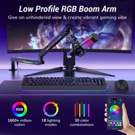 TONOR RGB Gaming Mic Arm, Low Profile Microphone Boom Arm with controllable RGB Light, Mic Stand with Cable Management, 3/8", 5/8" and 1/4", Adapter, Perfect for Streaming, Studio, T90LP