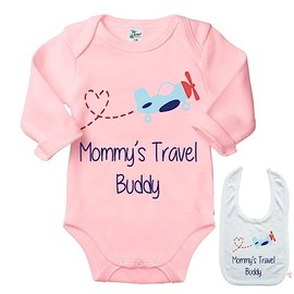 Mommy's Travel Buddy -Cute Newborn Baby Bodysuit Shower Gift Outfit Onesie & Bib