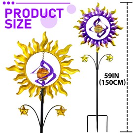 60 in Solar Wind Spinners for Yard and Garden, Sun and Stars Wind Sculptures Outdoor Clearance Kinetic Windmills with 360° Rotating Solar Lamp Ball for Patio, Lawn Xmas Garden Decor
