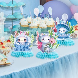 Hokinaa Blue Axolotl Birthday Decorations - 12 Pcs Cute Cartoon Reptile Animals Axolotl Honeycomb Centerpieces, Happy Birthday Party Table Centerpiece, Photo Booth Props Decor Favors for Boys Kids