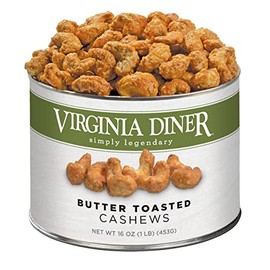 Virginia Diner - Gourmet Natural Butter Toasted Cashews, 16 Ounce Tin of Sweet Buttery Glazed Jumbo Cashews in a Resealable Can