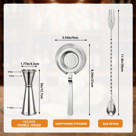 AIZOE 3 Pack Bar Set, Includes Shot Measure Jigger 2 oz 1 oz, 11.8" Bar Spoon Cocktail Mixing Spoon & Hawthorne Strainer, 304 Stainless Steel, Cocktail Set Bartender Kit for Martini Margarita, Silver