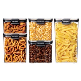 Sistema Ultra Square Tritan Airtight Pantry Storage Containers | Assorted Capacity Food Storage Solution | Stackable | Locking Clips | BPA-Free | Clear with Black Accents | 5 Count
