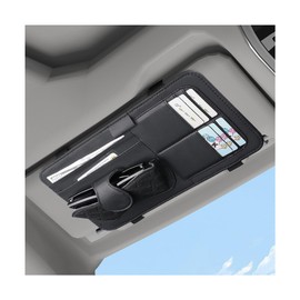 Sandfren Car Sun Visor Organizer, Leather Multi Pocket Vehicle Visor Storage Pouch for Sunglasses Card License, Multifunctional Auto Interior Organization Accessories, Universal Fit (Black)