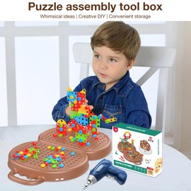 DAJASD Magic Montessori Play Toolbox, 205PCS Creative Mosaic Puzzle Toy With Electric Drill screw Tool Set, Magic Play Toolbox Bear with Drill, Bear Creativity Tool Box for Kids Ages 3-12 Years Old