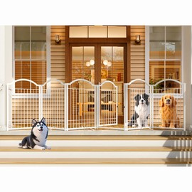 4NM Metal No Drilling Expandable Dog Gate, Extra Wide 144", Extra Tall 32" Free Standing Pet Gate with Door, Gates for Dogs Outdoor or Indoor, with 4PCS Support - White