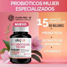 Probioticos Mujer 60 Billion 15 Cepas + Prebióticos + Arándano + Inulina Achicoria | Oby Probioticos Vaginales, Intestinal, Urinario | Probioticos Femeninos + Candida Cleanse Flora | Vitaminas 60 caps