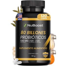 NuBoost Probióticos 80 Billones - 120 Cápsulas - 10 Cepas de Lactobacilos con Inulina (Prebiotico) - 120 Porciones - Flora Intestinal - Probiotics - Hecho en USA