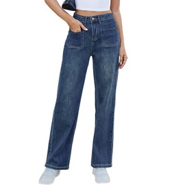 TOSATISFINE High Waisted Blue Wide Leg Jeans for Women, Size S, Classic Style, High Rise, Stretchy, Tummy Control, Zipper Closure