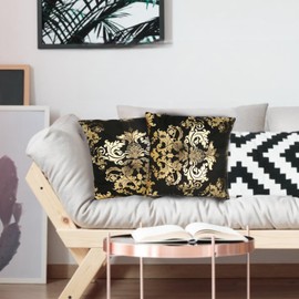 Betadistor Black & Gold Cushion Covers Pack of 2 Throw Pillow Covers Cases for Couch Sofa Home Decoration Vintage Damask Floral Shining & Dull Contrast 45cm x 45cm, Gold Flowers, 523-0504