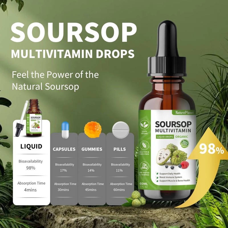 NaturePlanet Soursop Multivitamin Liquid Drops with 5000mg Soursop, Vitamin B...