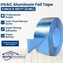 BlueTex Insulationㅤ HVAC Aluminum Foil Tape 2 inch x 150 ft (6 mil), Professional Grade Silver Duct Tape Metallic, Tear-Proof HVAC Tape, Heavy Duty, for Ductwork, Dryer Vent & Insulation - 1 Roll