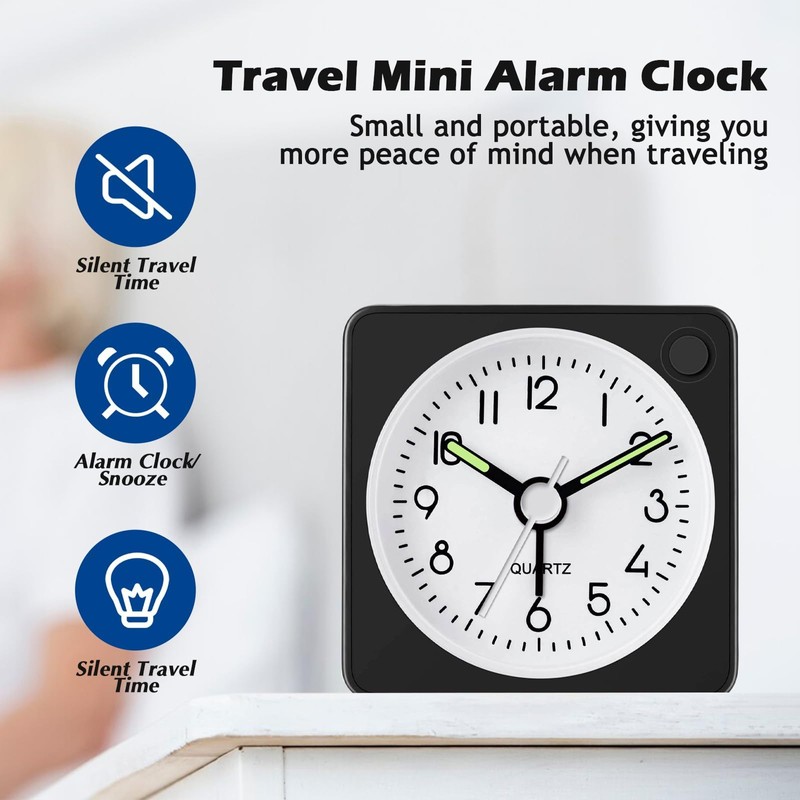 Travel Alarm Clock,Silent Non-Ticking Analog Clock with Snooze & Nightlight