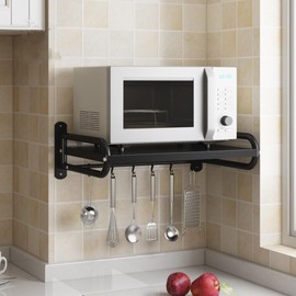 ILWorkTLs Wall Mount Microwave Oven Shelf with 6 Hooks,Wall Microwave Shelf for Kitchen,Black
