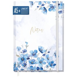 paper&you® Notebook A5+ Lined with Elastic Band "Blue Blossoms" 156 Pages, 78 Sheets - Bullet Journal, Diary, Notebook - Sustainable and Climate Friendly