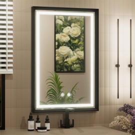 JSneijder 24x36 Inch LED Mirror for Bathroom, 3 Color Temperatures (3000K/4500K/6000K), Anti-Fog, Dimmable, Memory Function, Black Aluminum Frame Lighted Bathroom Mirror