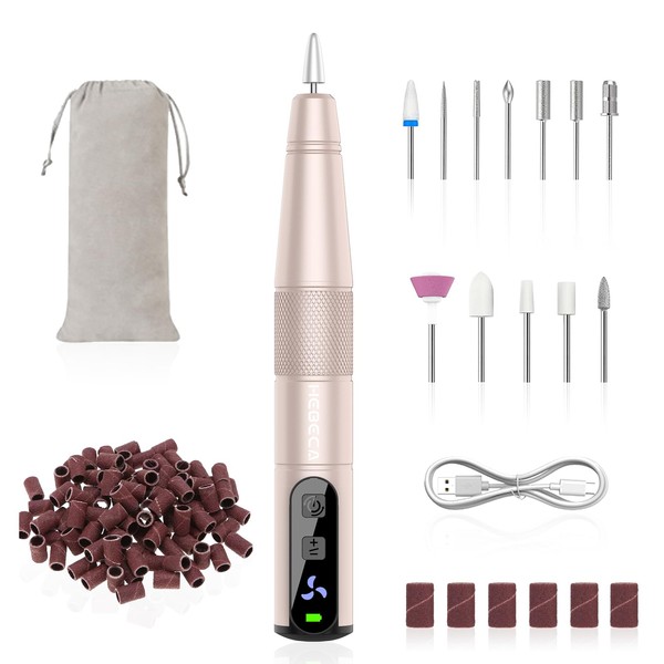 HEBECA Cordless Nail Drill Set - Professional Electric Nail File with 12 Drill Bits 26 Sanding Bands for Natural or Acrylic Gel Nails -Rechargeable Nail Drill Machine