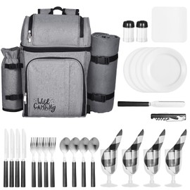 Happybuy 25L Gray Picnic Backpack for 4 - Complete Outdoor Dining Set with Insulated Cooler, Detachable Wine Holder, Fleece Blanket & Full Cutlery for Camping & Hiking