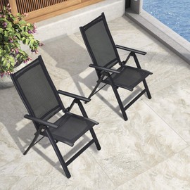 PURPLE LEAF Outdoor Patio Folding Dining Chairs Set of 2, Outdoor Reclining Chairs Camping Chair with Textilene Fabric Seating, 5 Levels Adjustable High Backrest Portable Chairs, Black