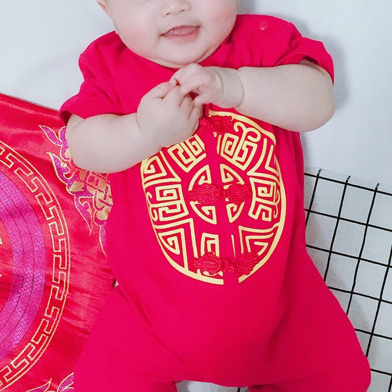 Chinese Style Infant Short Sleeve Embroidery Jumpsuit Cotton Breathable Baby