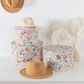 Soul & Lane Botanica Bliss Round Hat Boxes with Lids - Set of 3 Nesting Cardboard Hat Storage, Boho Floral Print Cases, Circle Stacking Decorative Keepsake Boxes