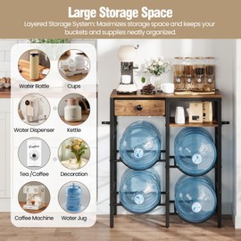 KITIVIALA 5 Gallon Water Jug Holder with 4 Slots, Heavy Duty Water Bottle Storage Rack, 2-Layer Wood Shelves and Fabric Drawer for Home, Kitchen, Office, Garage