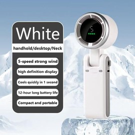2025 New Upgraded Handheld Turbo Fan - Air Turbo Tech & Digital Display, 5 Wind Modes Handheld & Desktop Fans, 3-in-1 Personal Fan for Travel/Camping/Gym/Office - Color: White