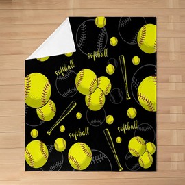White Softball Bed Blanket Kids Girls Yellow Softball Bat Flannel Blanket Soft Cozy Lightweight Sports Softball Plush Fleece Ball Games Blanket Gifts for Couch Bed Office Sofa(40x50 Inches)