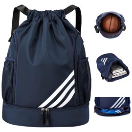 Mochila con Cordón para Gimnasio, Morral Deportivo, Mochila de Baloncesto con Compartimento Separado Para Zapatos, Bolsas de Cuerdas para Playa, Yoga, Natación, Viajes, senderismo (Azul)