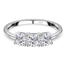 TJC Three Stone Ring White Cubic Zirconia CZ in Platinum Plated 925 Sterling Silver for Women Size N with Prong Setting Metal Wt. 1.1 Grams