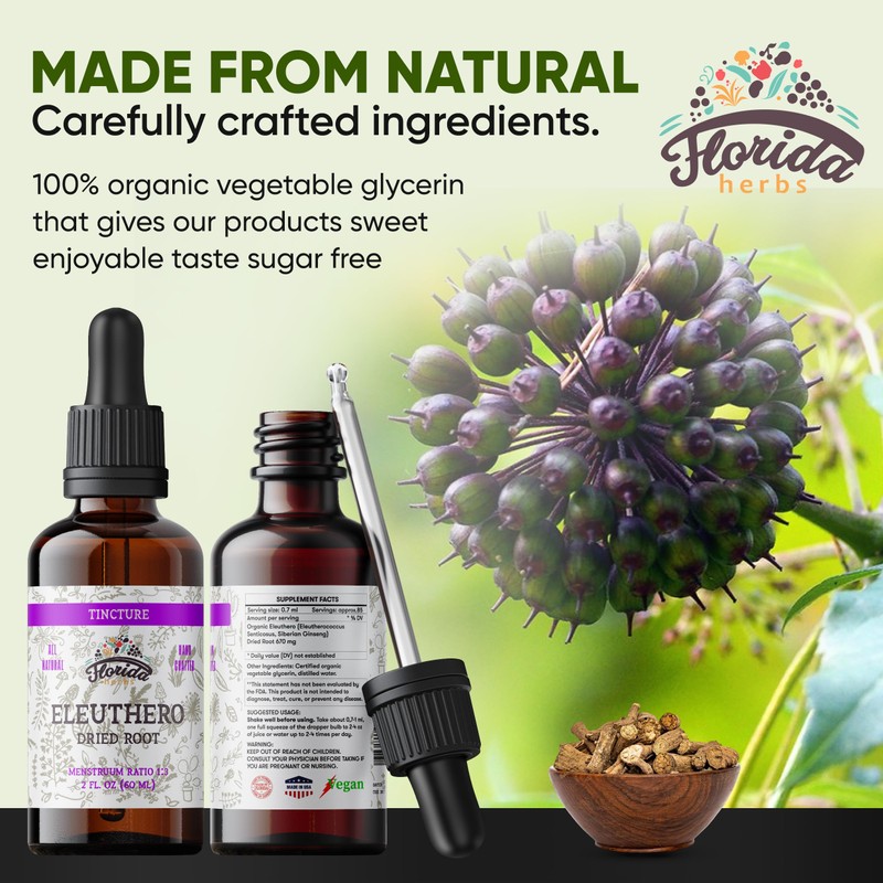 FLORIDA HERBS Eleuthero Tincture, Organic Eleuthero Extract (Siberian Ginseng, Eleutherococcus