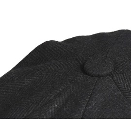 PEAKY BLINDERS 8 Piece 'Newsboy' Style Flat Cap -Melton Wool Fabric Black Herringbone