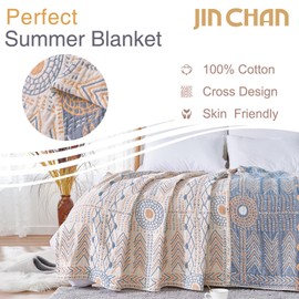 jinchan Boho 100% Cotton Blanket Muslin Lightweight Twin Size 4-Layer Throw Blanket for Couch Soft Cozy All Season Blanket Throw Cotton Coverlet for Bedroom Living Room Decor Orange 60"x80"