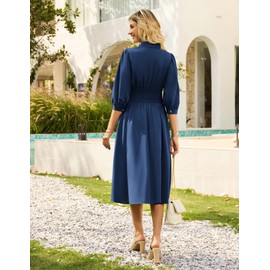 Dresses for Women 2025 Elegant Classy Casual 3/4 Sleeve Midi Buiness Elegant Work Pockets Dress Navy Blue Size L
