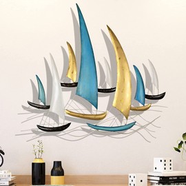 edaknez 3D Metal Ship Wall Décor, Metal Sailboat Wall Sculpture, Coastal Nautical Ocean Wall Art, Handmade Boat Hanging Ornament, for Living Room Bedroom Indoor Outdoor (Modern Color)
