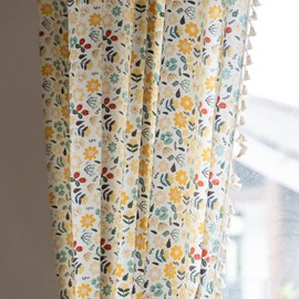 Floral Curtains 63 Inch Length 2 Panels Tassel Boho Semi-Sheer Drapes Bedroom Living Room Farmhouse Short Rustic Country Yellow Green Flower Rod Pocket Cotton Linen Blend Window Curtain Panel
