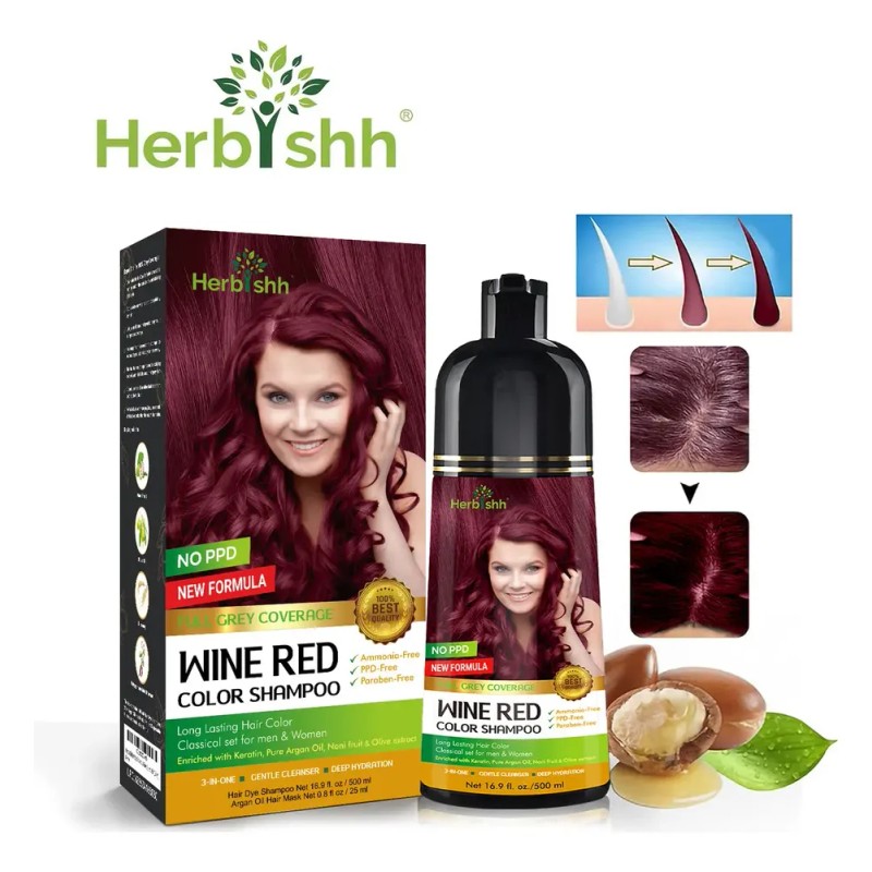 Shampoo Tinte Cubre Canas Rojo Vino Herbishh 500ml