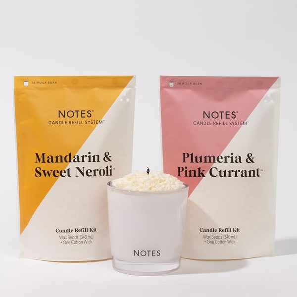 NOTES Sustainable Candle Kit | Non-Toxic Fragrance, Natural Wax Beads, Wick, and a refillable Vessel - Plumeria & Pink Currant + Mandarin & Sweet Neroli