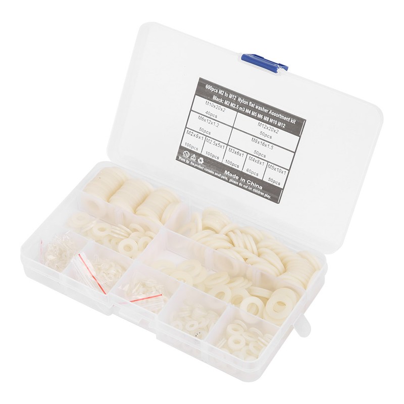 600Pcs Flat Washer 9 Sizes White Nylon Gasket Assortment Kit