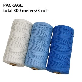 SUNTAYA 3mm Macrame Cord, 300meter/3roll Multipack, Cotton Rope Craft Supplies, Colored Thick Yarn for Crochet Knitting, Twisted Twine String for Plant Hangers Wall Hanging Decor