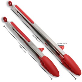 BangBoom 16", 12" Locking Silicone Kitchen Tongs, Stainless Steel Cooking Tongs with Non-stick Tips, Longer Heavy Duty Baking Tongs for BBQ, Serving, Grilling, Catering,2PCS (Red)
