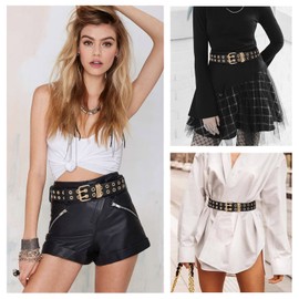 FIORETTO Grommet Leather Belt with Detachable Chain Women Men Punk Rock Waist Belts for Jeans Pants, Double Gold-grommet(no Chain), Fit Waist up to 41"