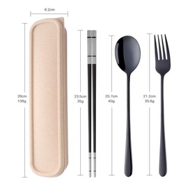 SBOMHS Portable Outdoor Travel Cutlery Set Black Camping Cutlery to Go Picnic School Office Lunch Tableware for 1 Person Stainless Steel Chopsticks Long Table Forks Soup Spoon Wheat Straw Gift Box