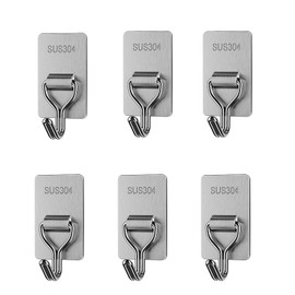 Gerderk Large Adhesive Hooks for Hanging Heavy Duty Wall Hooks 15 lbs Self Adhesive Stainless Steel Hook for Walls No Damage, Home, Bathroom, Kitchen and Office (6 Pack)