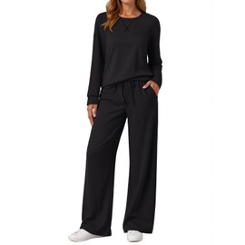 AUTOMET Womens Sweatsuits 2 Piece Lounge Sets for Women Sweat Travel Outfits 2025 Fall Matching Oversized Sweatshirt Wide Leg Pants Fashion Clothes Black S
