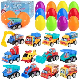 KING DOO 12 Pcs Easter Eggs Prefilled with Toy Cars, Filled Pull Back Construction Vehicle, and Race Car for Kids Boys Hunt, Basket Stuffers, Party Favors, Classroom Prize